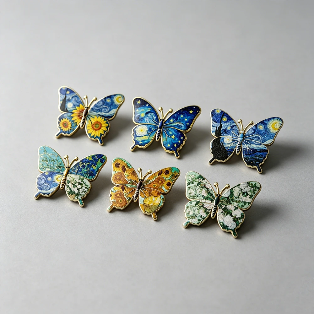 Van Gogh Ölgemälde Schmetterling Emaille-Broschen-Set, Sternennacht Sonnenblumen Blumen-Anstecknadeln, Künstlerische Abzeichen für Jacken und Rucksäcke – Detail 6