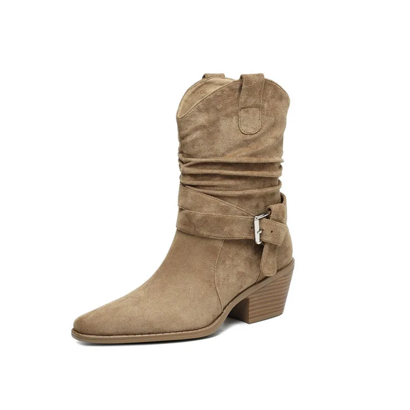 

Pleated Suede Western Boots For Women Retro Slip-on Mid-calf Cowboy Booties With Belt Buckle Medium Heels Phoentin FT4237