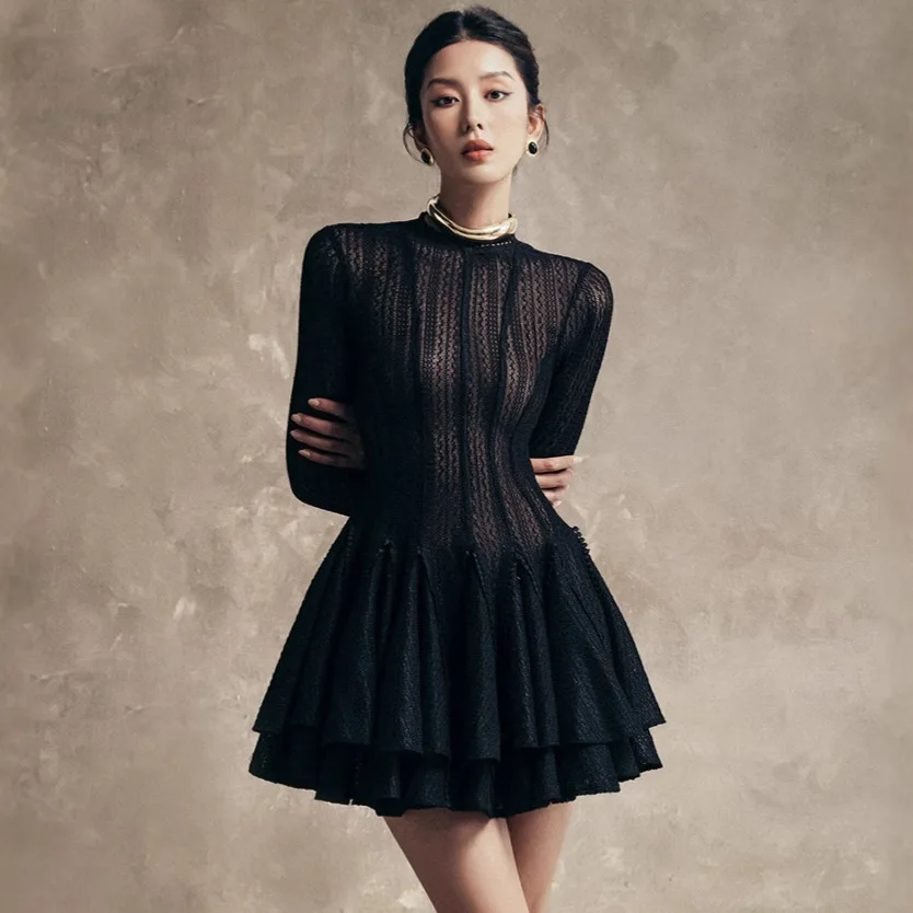 

Elegant Dress O-neck Long Sleeve A-line Pleated Hem Short Women's Evening Party Dresses 2025 Spring Autumn New Fashion