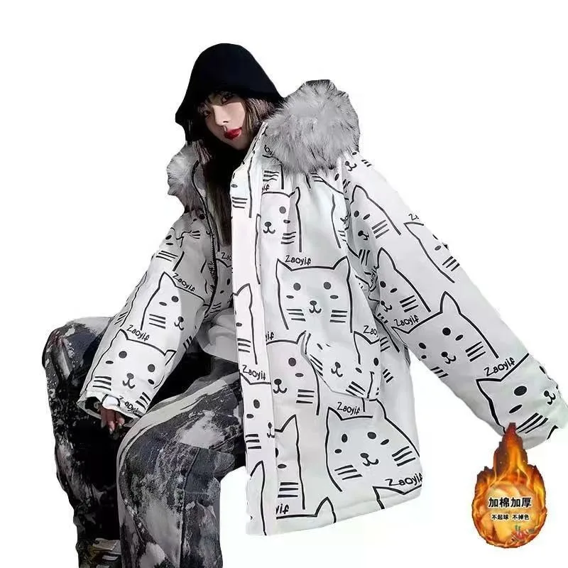 Winter Camouflage  Men's Thickened Trendy Fried Street Medium and Long Large Fur Collar Cotton Clothes New Couple Cotton Clothes