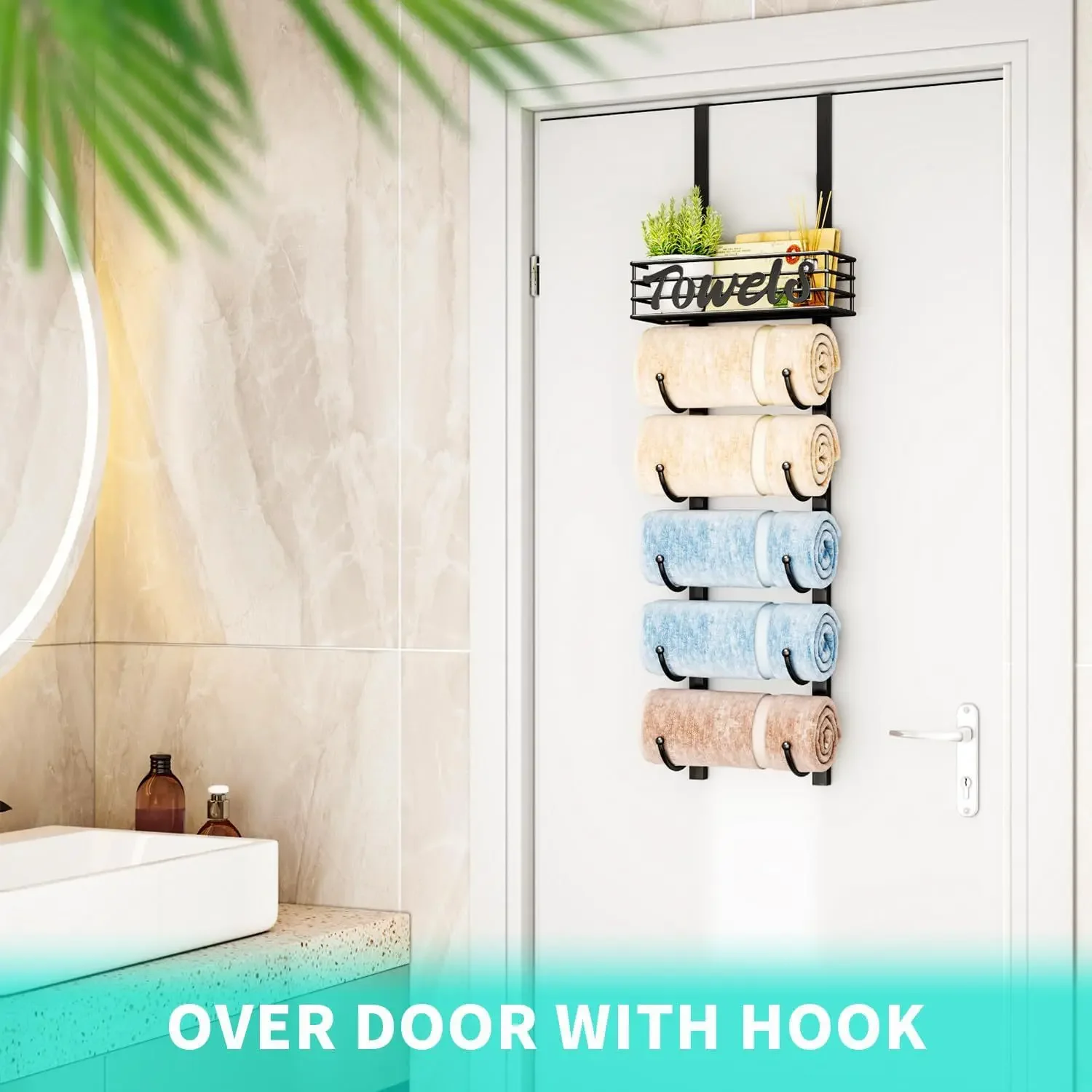 6th floor bathroom, wall-mounted towel rack with metal rack, rolled towel storage door hanging towel storage