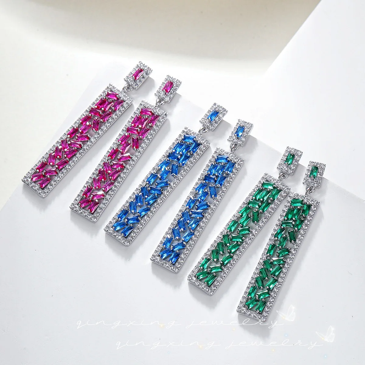 

Multi Color Cubic Zirconia Rectangle Drop Earrings Sparkling Pave CZ Dangle Earrings Elegant Wedding Statement Jewelry for Women