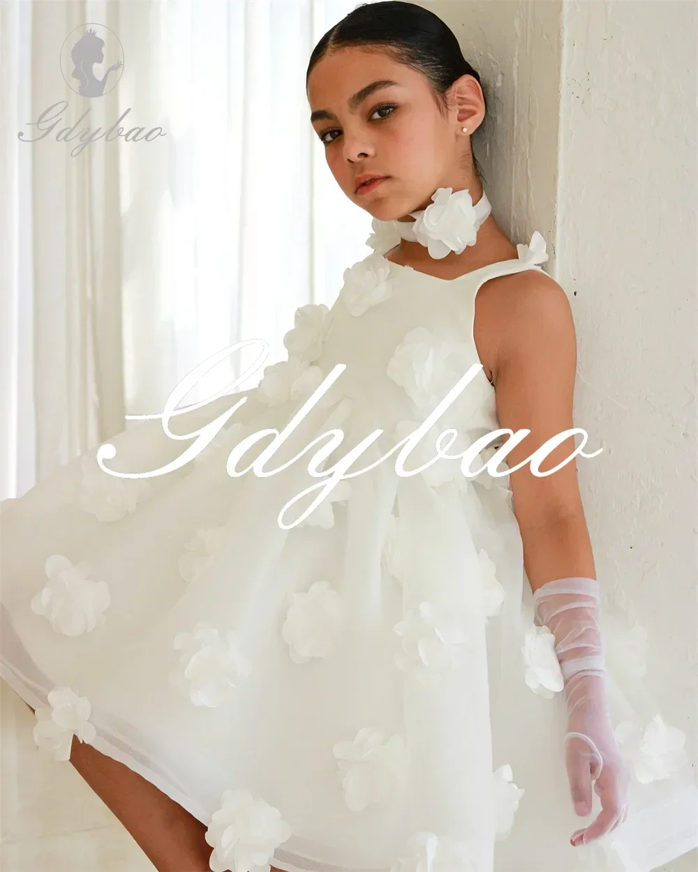 Full Flowers Square Neck Luxury Formal First Communion Gown Mini Length Sleeveless Elegant Wedding Party Flower Girl Dress New