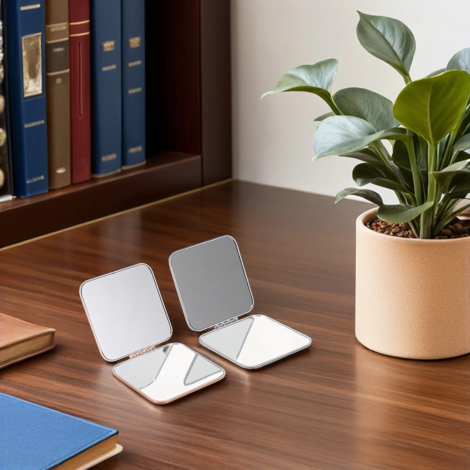 2Pcs Folding Makeup Mirror Portable Metal Compact Chrome Rose Gold Small Hand Mirror Travel Purse Makeup Touchup