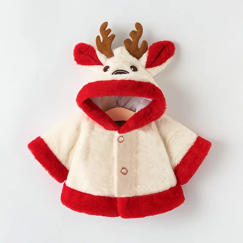 Christmas Girl\'s New Reindeer Color Blocked Cartoon Cute Rabbit Ear Hooded Batball Sleeve Windproof Warm Cotton Jacket