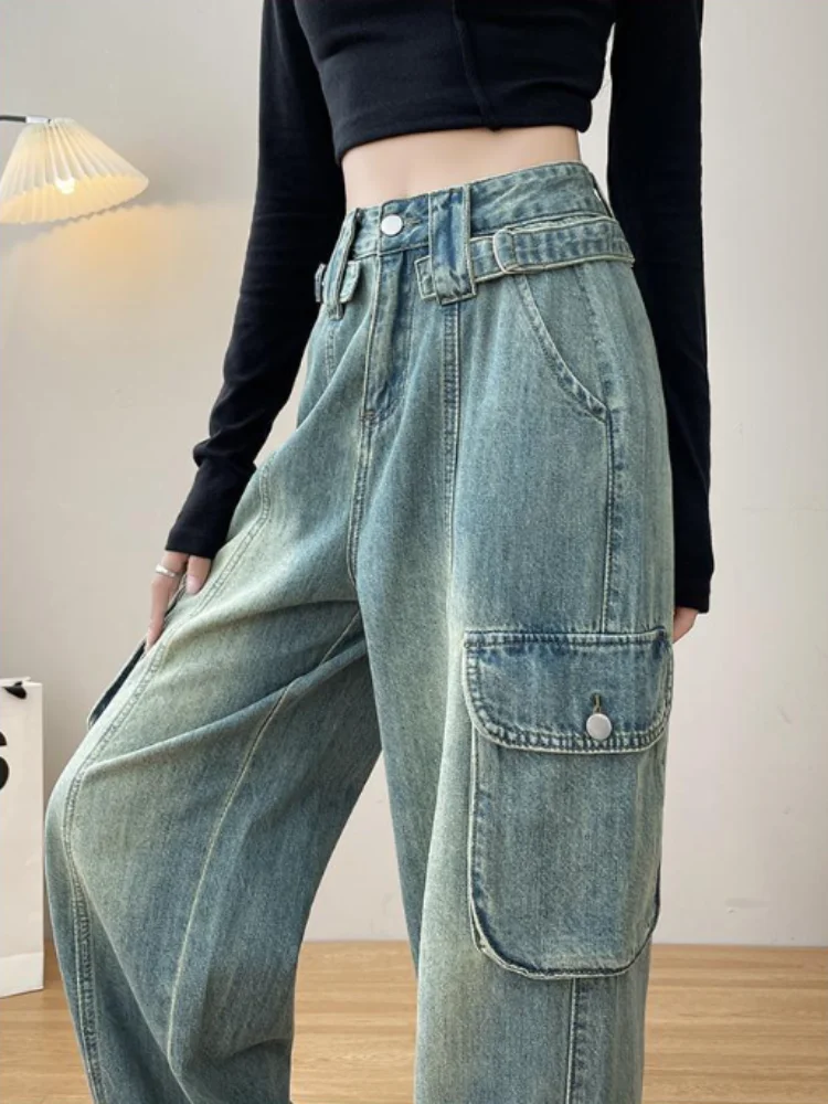 Vintage Cargo Straight Washed Jeans Baggy High Waisted Fashion Streetwear Denim Pants Women's Casual Wide Leg Retro Vaqueros