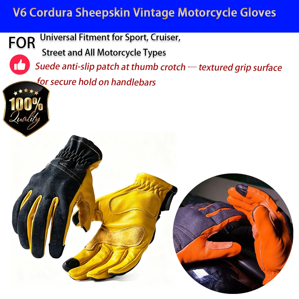 For Motorcycle V6 Cordura Sheepskin Gloves Breathable Anti-Fall Touchscreen Vintage No-Drill Accesorios Moto