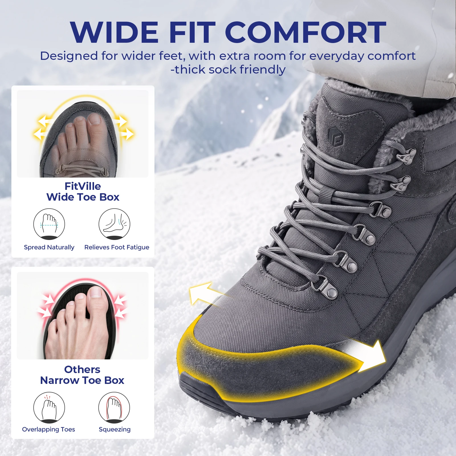 FitVille Men's Winter Hiking Boots Wide Toe Snow Boot Water‑resistant Warm Fleece Casual Trekking Shoes for Men Relief Foot Pain
