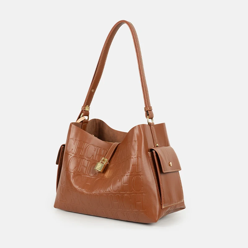 CH Monogram Embossed Hobo Shoulder Bag Large Capacity Soft Leather Handbag For Women Daily Work Commute And Travel image 6