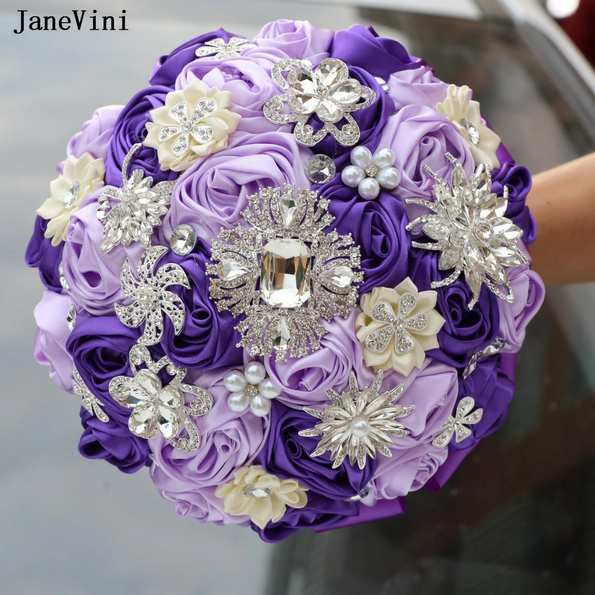 

JaneVini Charming Silver Jewelry Purple Bridal Bouquets Artificial Satin Roses Korean Bride Bouquet Flowers Wedding Accessories