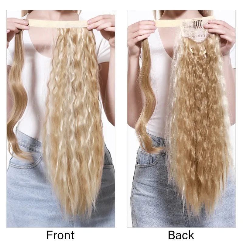 Wig Ponytail Women's Long Curly Hair Corn Perm Luminous Surface Surrounding Velcro Ponytail Delivery Extension Black Gold