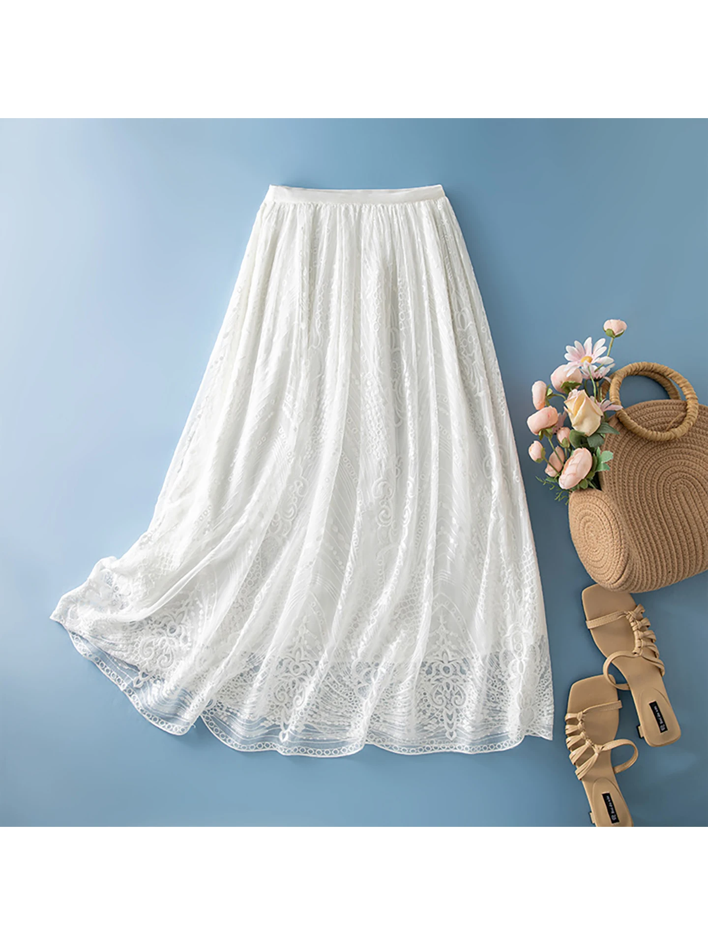 

White Heavy Embroidery Silk Half Skirt Women Summer New Elastic Waist Slim A-Line Long Skirt Breathable Comfortable