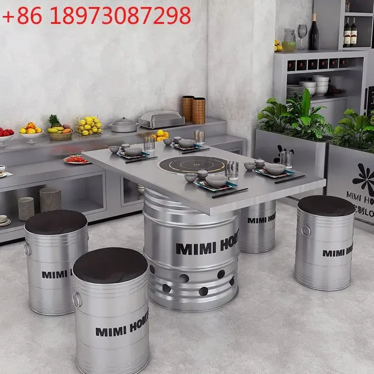 Stainless steel hot pot table charcoal barbecue Internet celebrity barbecue shop wrought iron dining table and chair combination