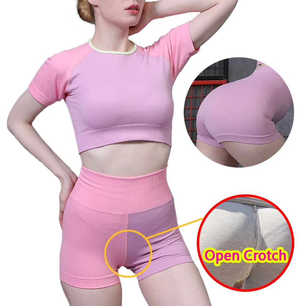 Woman Sexy Open Crotch Leggings Shorts Pink Y2K Style Crotchless Pants with Hidden Zippers Couple Club Party Erotic Costume