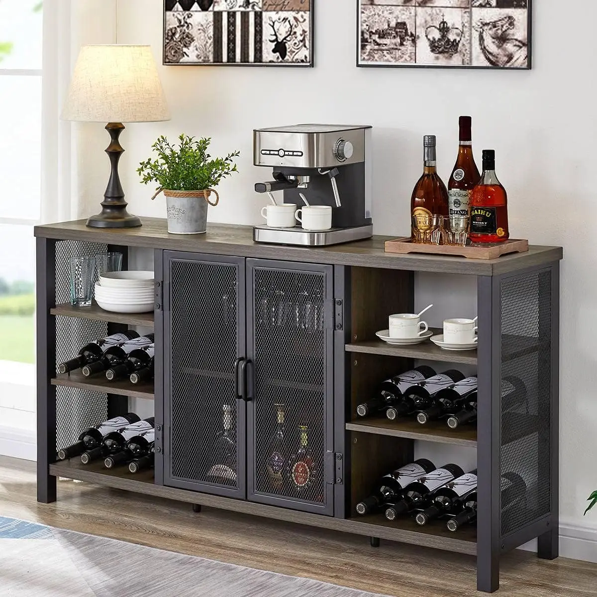 Industrial Wine Bar Cabinet for Liquor and Glasses, Wood Coffee Bar with Wine Rack, Metal Sideboard