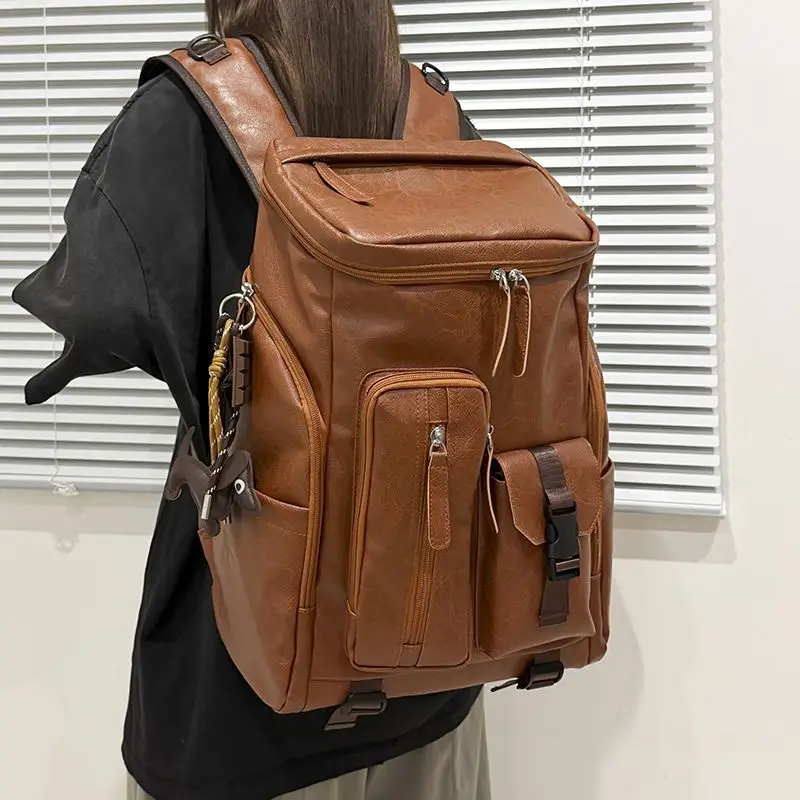 Coffee Vintage PU Leather Flap Backpack, Buckle Closure Large Capacity Laptop Rucksack For Men Business Commute Short Trip Trave