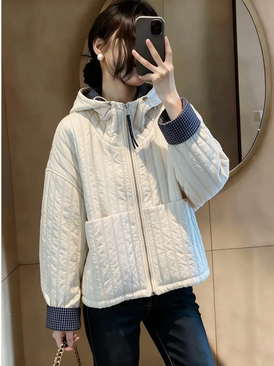 Young Stylish Lightweight Cotton Jacket Women's Loose Fit Short Hooded Comfortable Warm Polyester Casual Fashion Autumn Winte...