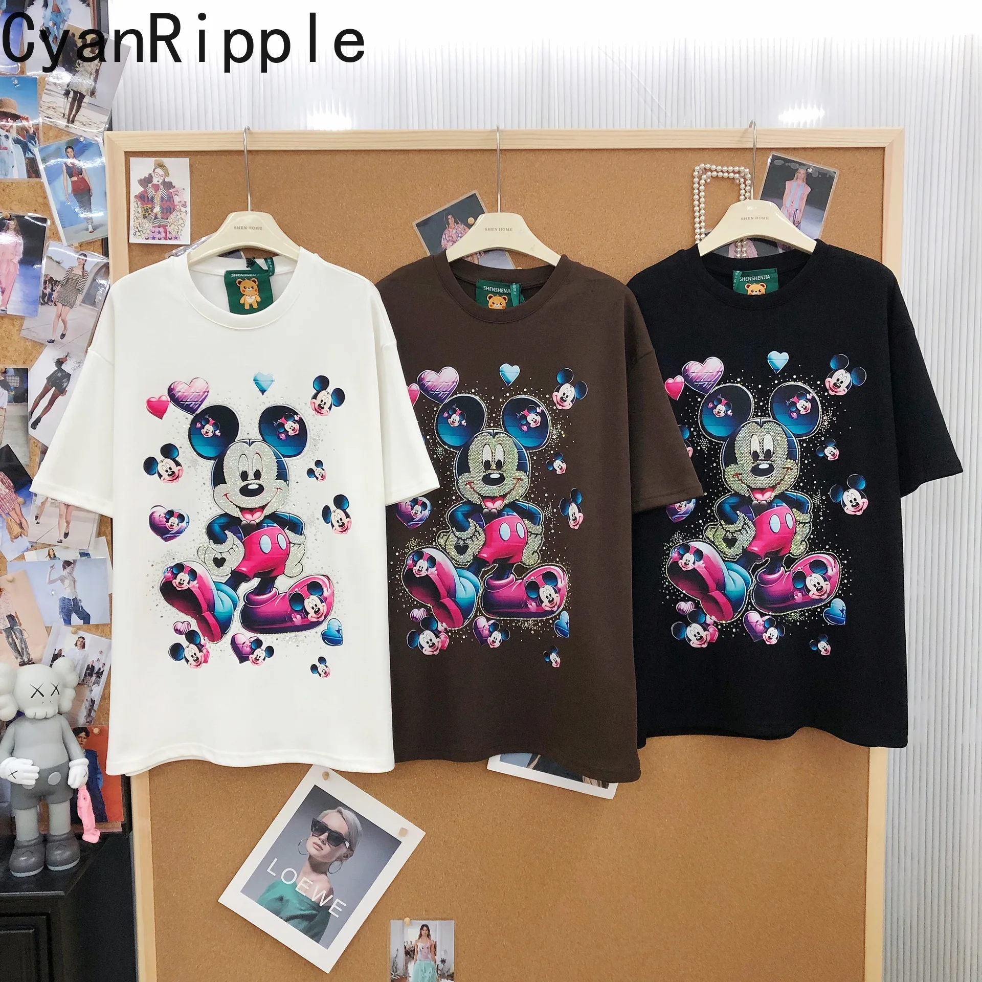 

American Trendy Spring Summer Loose Short Sleeve Tees Cute Mickey Printed Hot Diamonds Round Neck Mid-long Cotton T-shirt Tops