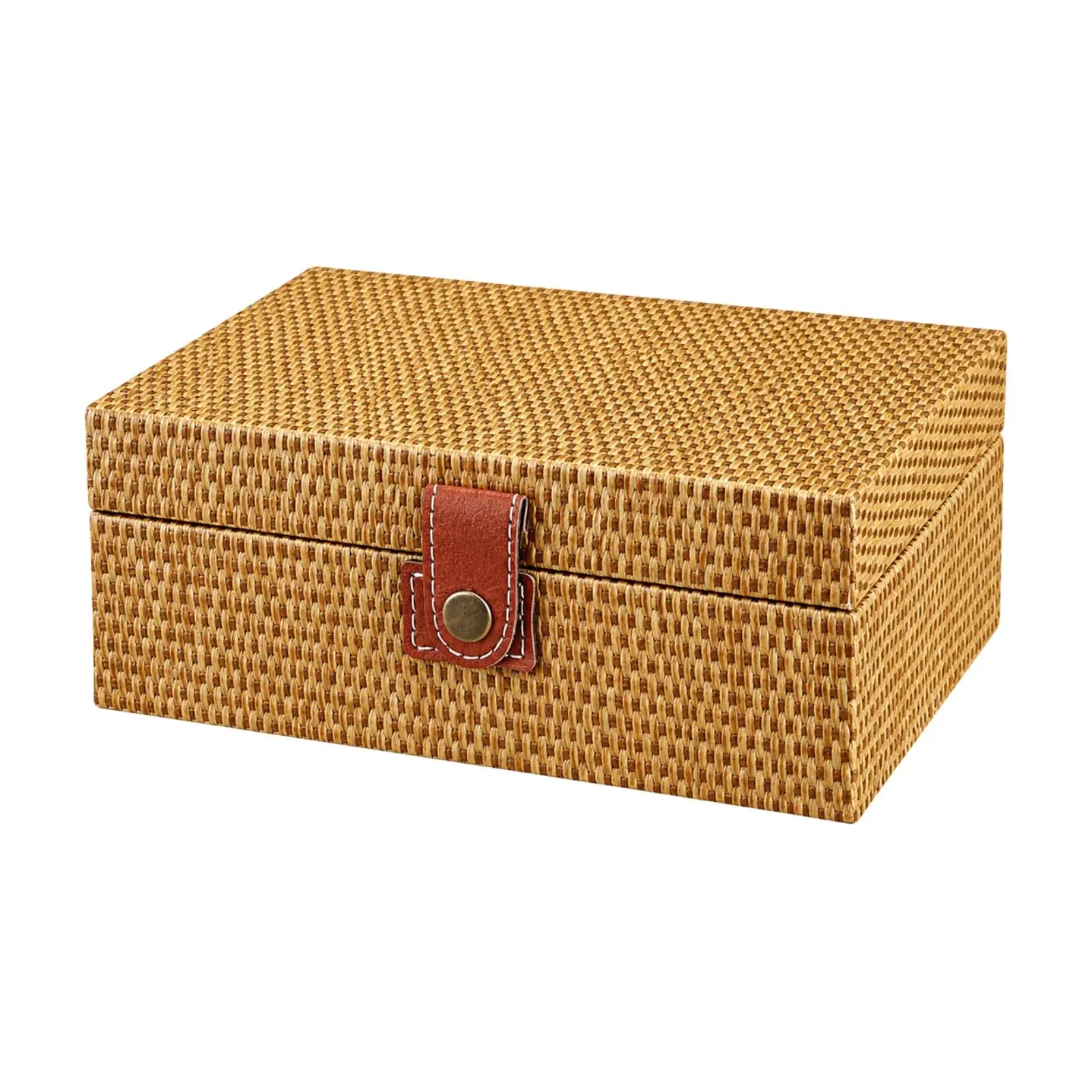 Decorative Faux Rattan Jewelry Storage Box with Snap Lock Lid Wooden Organizer for Necklaces Bracelets Small Keepsakes on Vanity