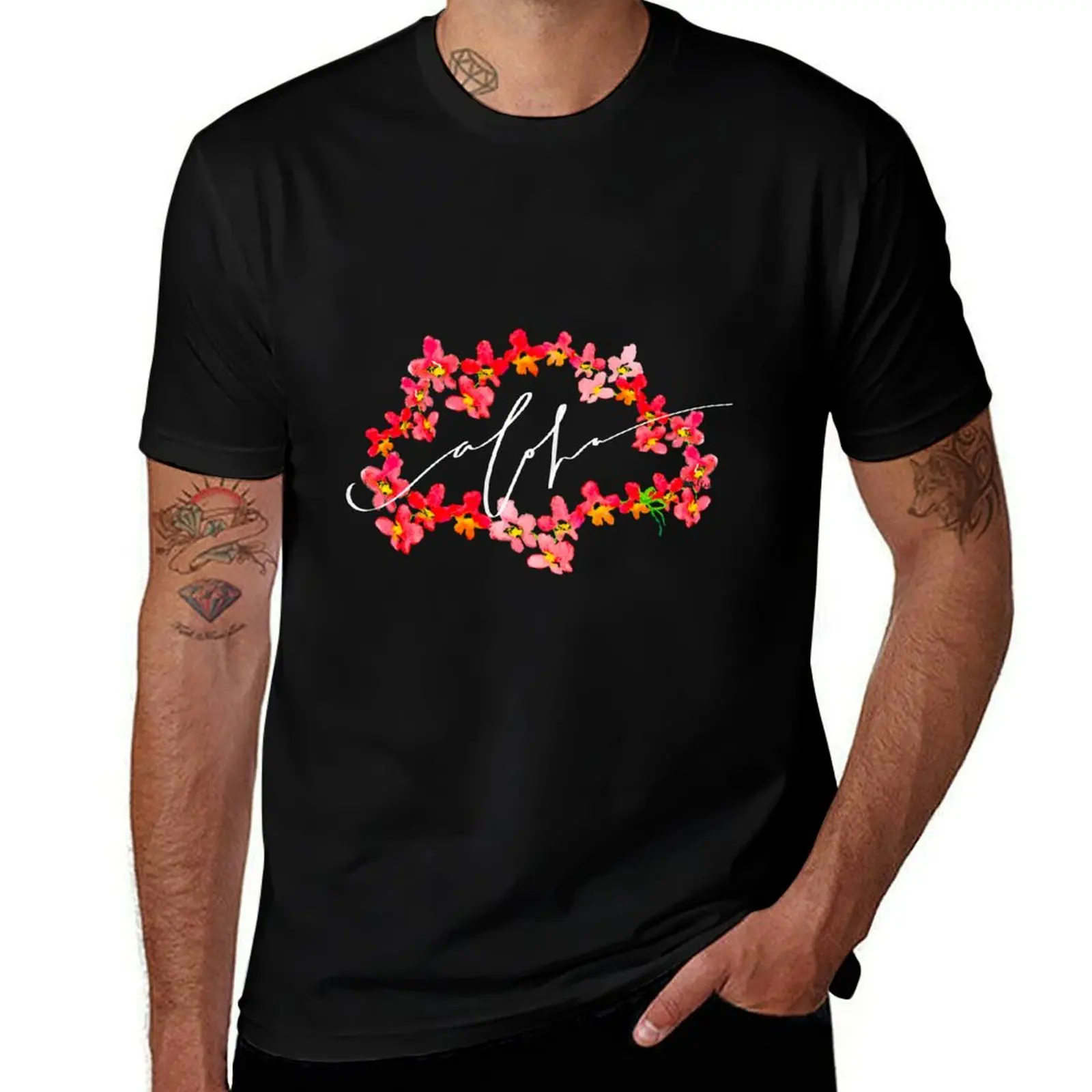Aloha Orange Orchid Lei T-Shirt Basic Short Sleeve for Men T-Shirt