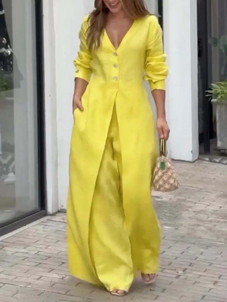 Fashion Women's Jumpsuit High Waisted Romper Long Sleeve V Neck Button Front Pockets Loose Casual Beach Holiday Elegant Outfit