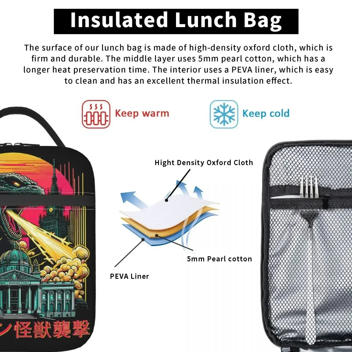 Godzillaed Japanese Monster Kaiju Insulated Lunch Bag Food Container Portable Thermal Cooler Lunch Boxes For Work