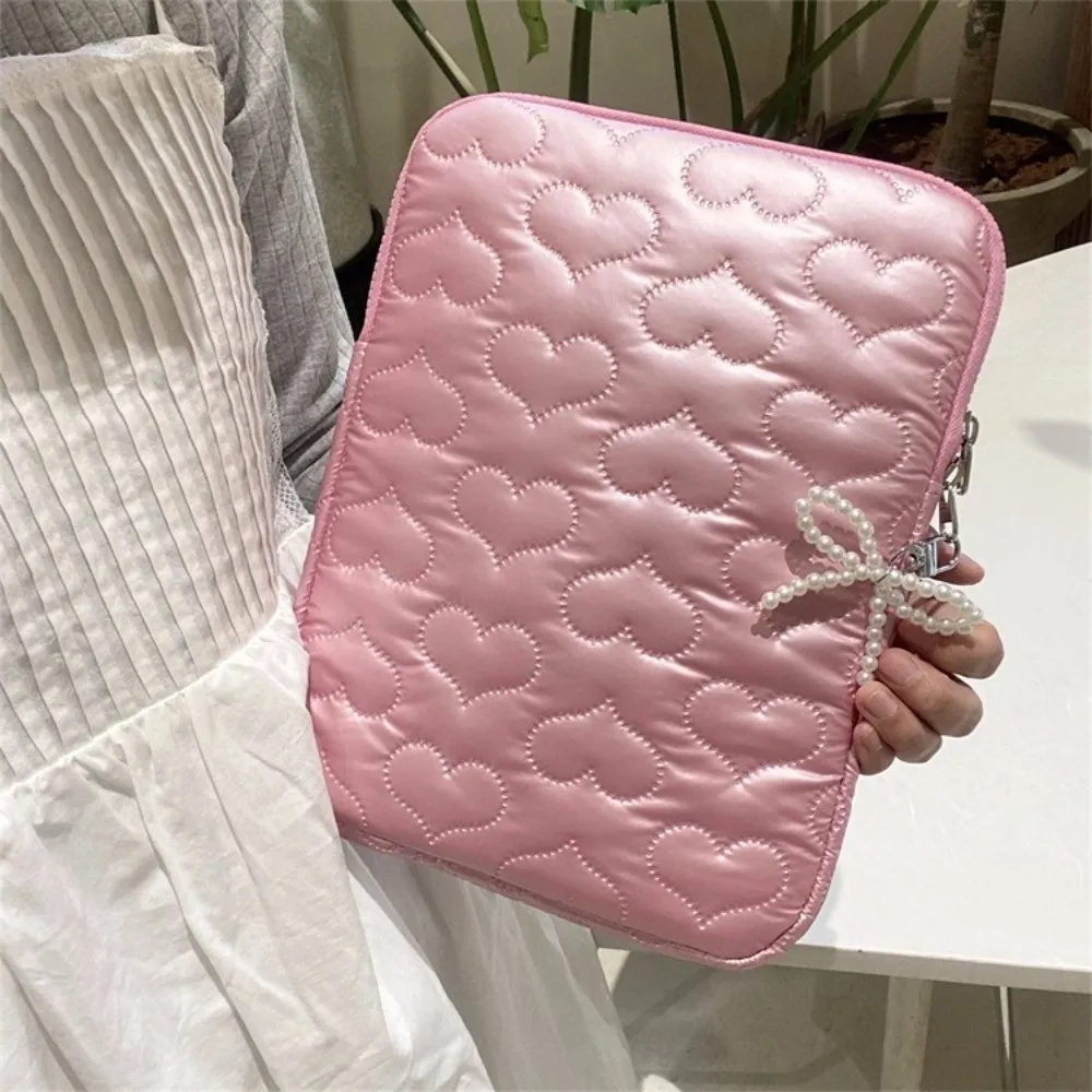 

PU Leather Pearl Tablet Storage Bag Puffy Design Heart Bowknot Love Bow Storage Bag Large Capacity Shockproof Tablet Pouch