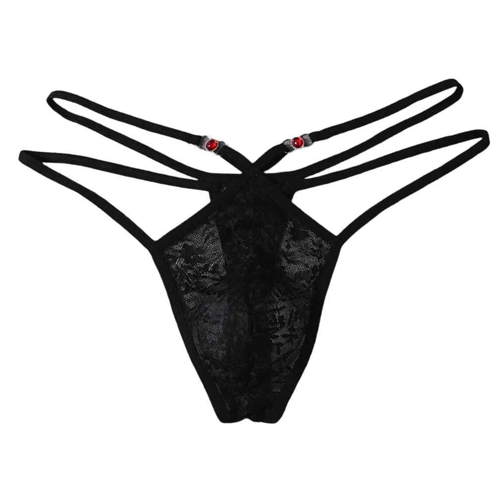 

Sexy Bikini T-back Thongs Tanga Mens Transparent Lace Panties Double Belt Low Rise Elastic G Strings Underwear