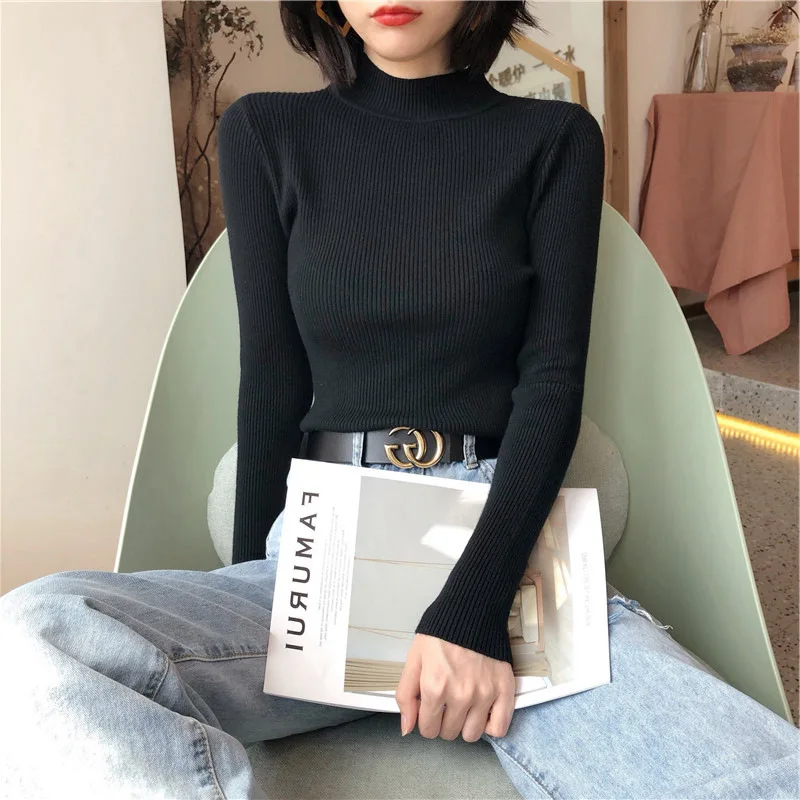 Pull Vintage à Col Montant pour Femme, Vêtement Basique, Solide, Décontracté, Slim, Coréen, Simple, Chic, Automne Hiver