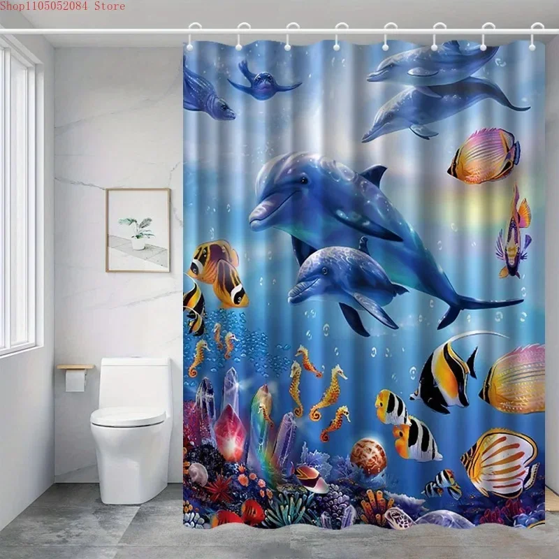 1pc dolphin seahorse animal shower  With Hooks Waterproof Mildew Proof Easy Install Washable