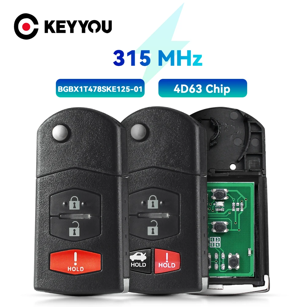 

KEYYOU 3 Buttons Remote Car Key 315Mhz For Mazda 3 5 6 CX-7 CX-9 MX-5 Miata BGBX1T478SKE125-01 4D63 Chip Fob