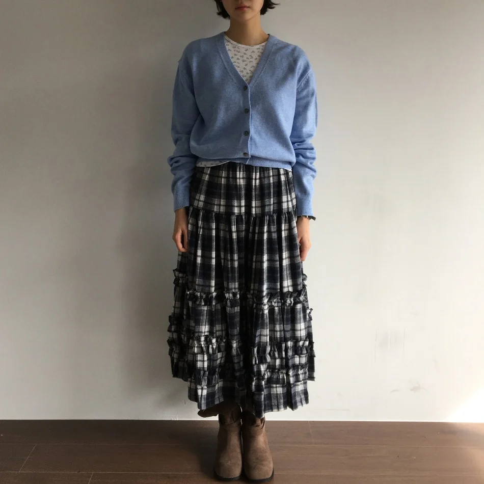 Autumnal Vintage Plaid Casual College Style Splicing Wooden  Mid-Length Half Skirt for Women Commute Scenarios A-Line Sta...