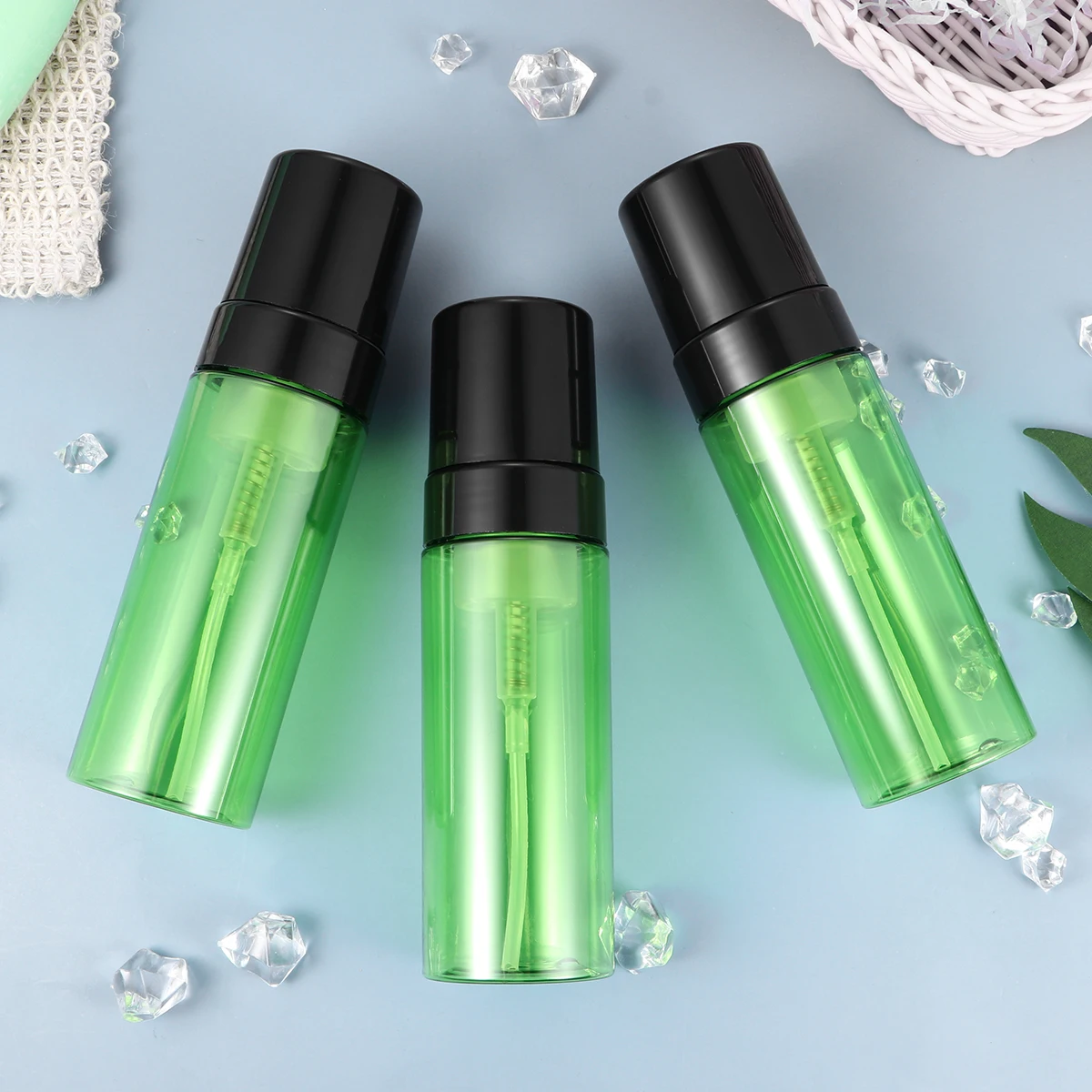 

3pcs Reusable Empty Bottles Travel Size Foam Pump Dispenser Green Plastic Container Refillable Bodywash Shampoo