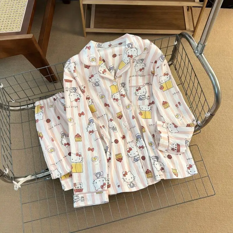 أطقم بيجامات نسائية من سانريو هالو كيتي ملابس نوم غير رسمية للخريف برسوم كارتونية لطيفة بأكمام طويلة ملابس نوم منزلية جديدة
