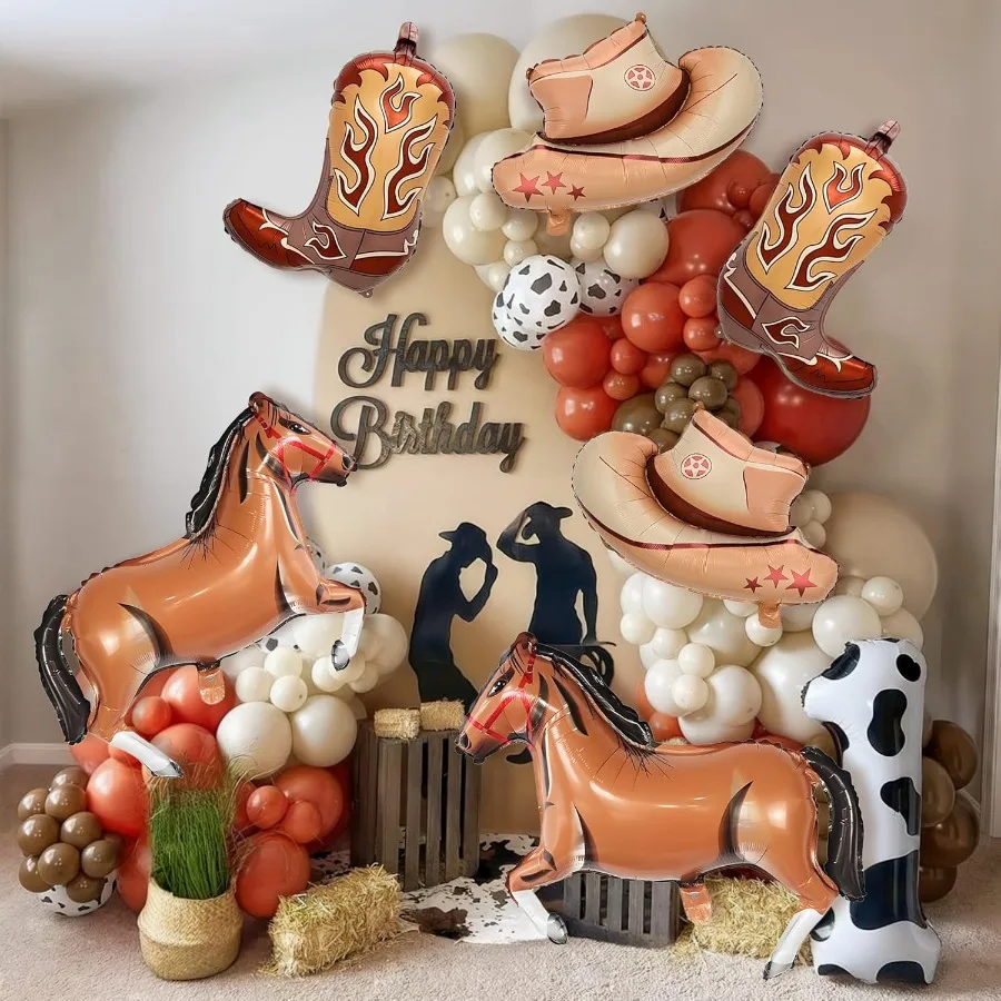 6개 서부 테마 파티 풍선 대형 카우걸 모자 부츠 호우 포일 풍선 카우보이 생일 파티 장식 (원시 서부 테마)