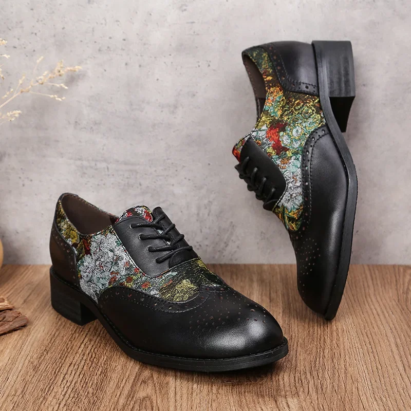 Hand-painted Genuine Leather Pumps 2024 Spring New Mixed Colors Women Shoes Retro Flower Comfortable Casual Lace-up Shoes