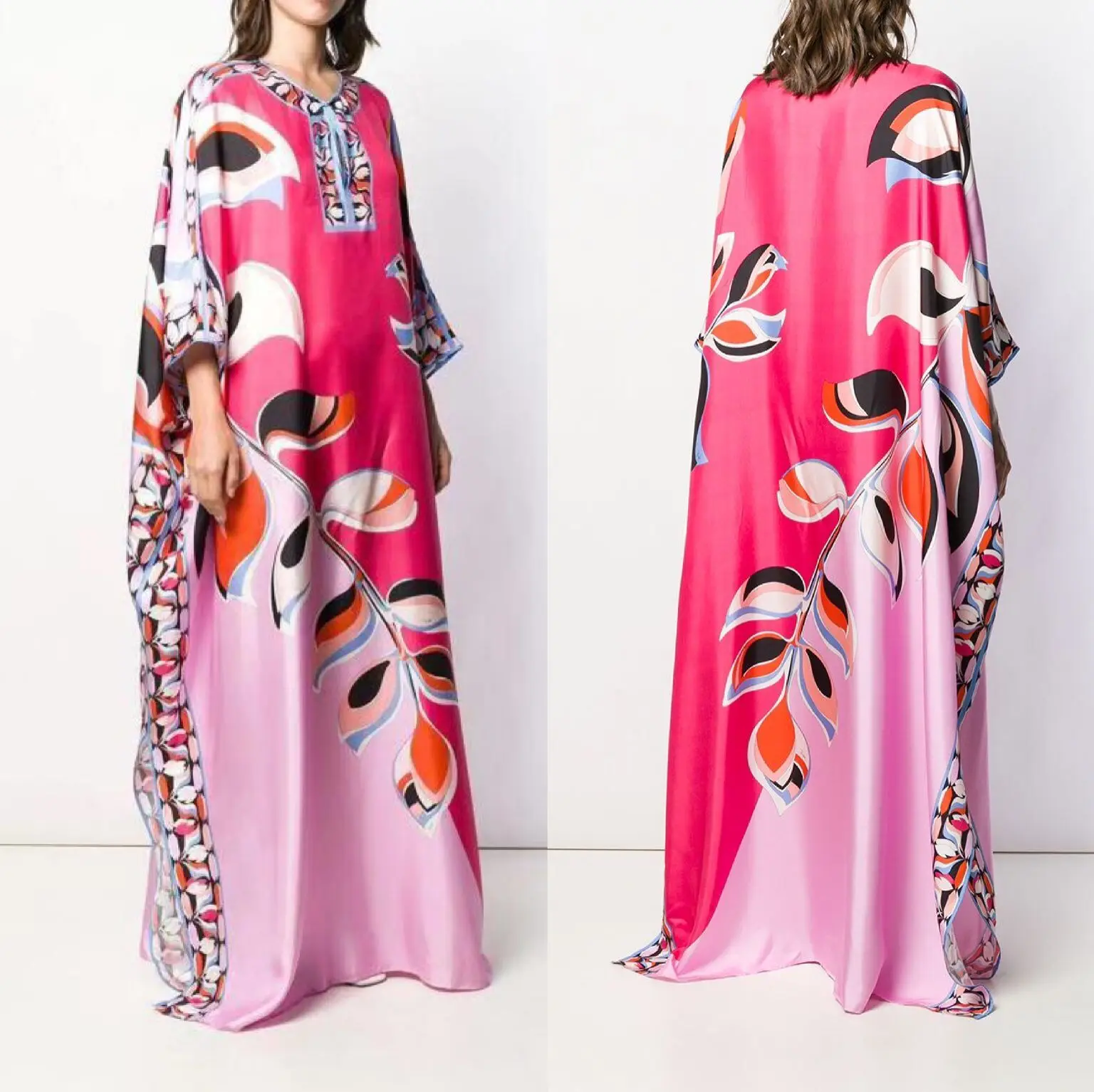 

Модное свободное трикотажное платье макси с принтом для женщин, с V-образным вырезом, длинными рукавами, эластичное, высококачественное, новинка