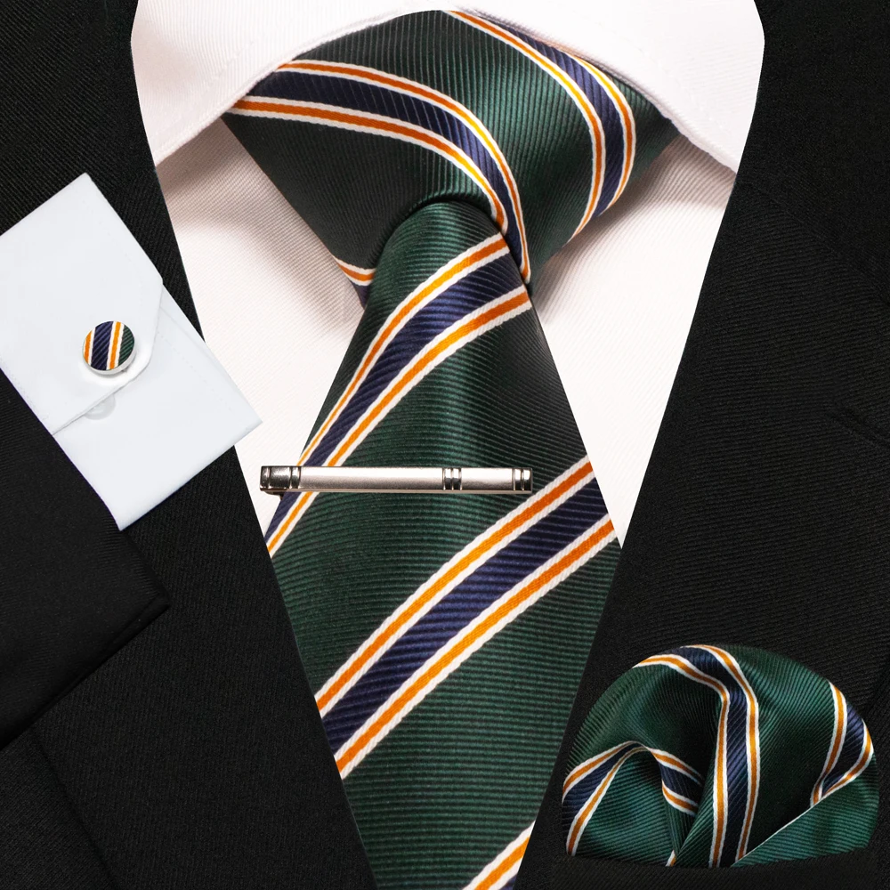 KAMBERFT Neue Klassische Seidenkrawatte für Herren Rot-Gold Gestreift Herrenkrawatte Taschentuch Manschettenknöpfe Set Hochzeit Business Party Gravatas – Detail 12