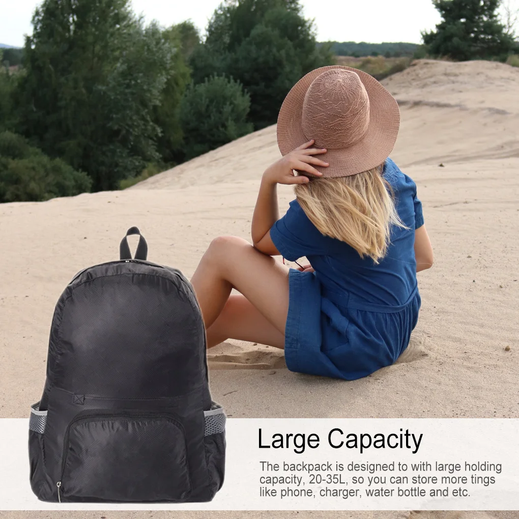 Mochila plegable portátil 2 en 1 para hombre y mujer, bolso resistente al agua, Flexible, con Cable para aperitivos, color negro