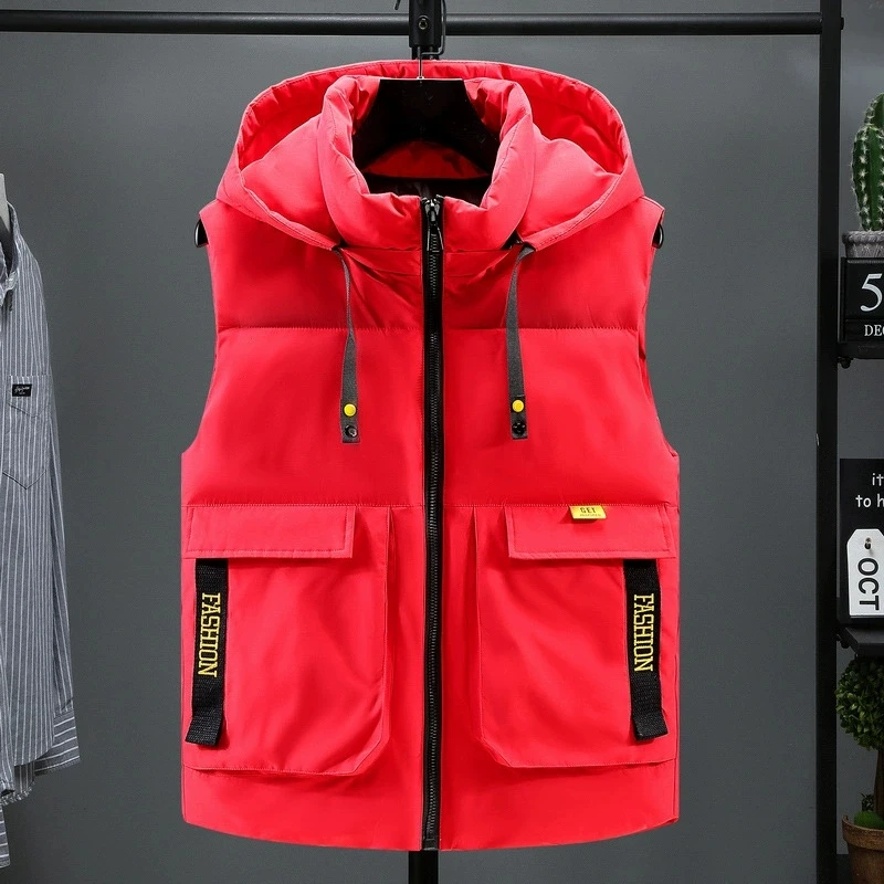 Cotton Padded Men Vests Detachable Hooded Sleeveless Jacket Men's Winter Warm Thick Coat Red Outerwear Oversize 8XL
