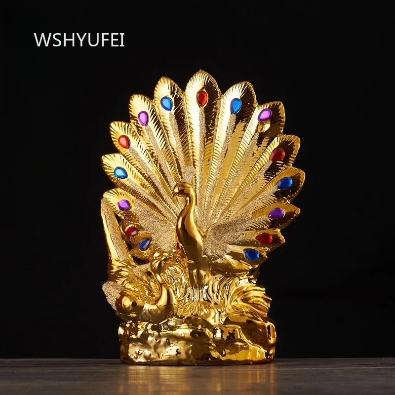 

Ceramic Peacock Ornament Golden Electroplated Furniture for Living Room Decoration Desktop Floor To Ceiling Display Handicrafts