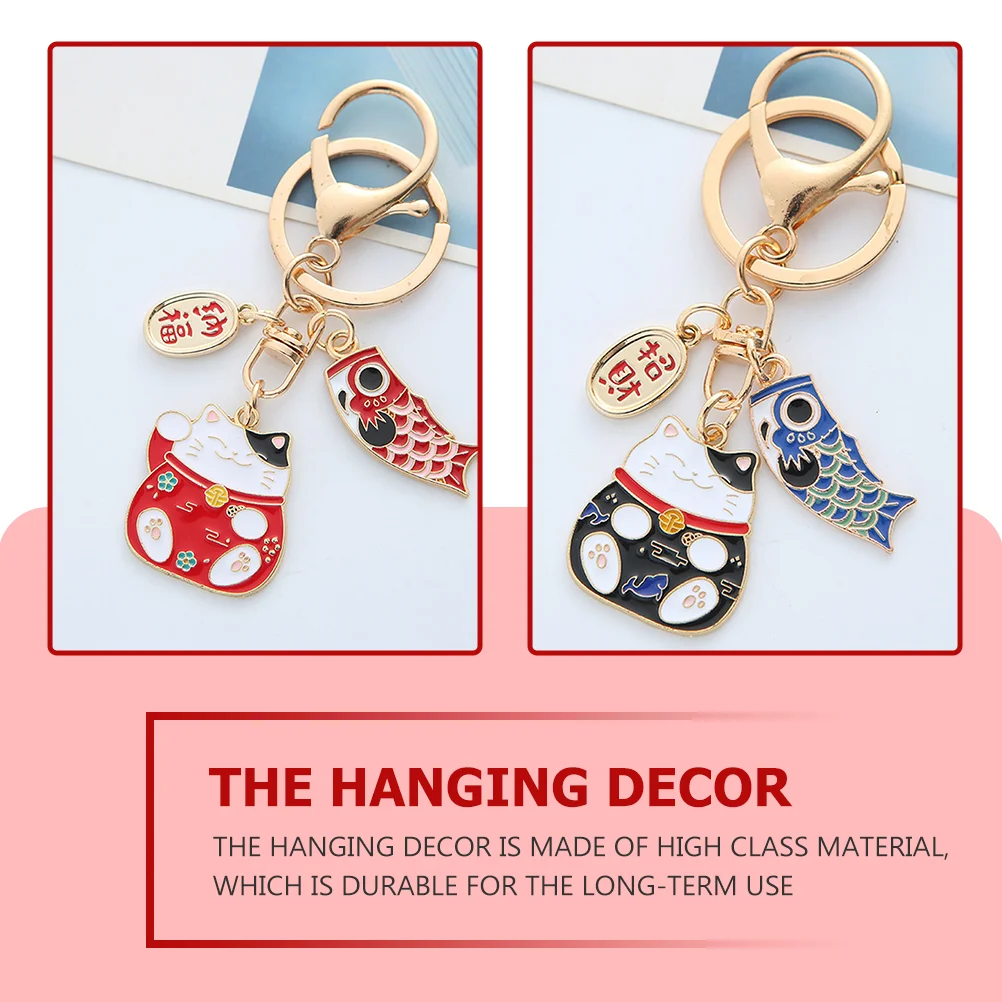 2 Pcs Key Ring Cat Pendant Car Toy Small Decorative Keychain Cartoon Zinc Alloy New Year Themed Japanese Style Man