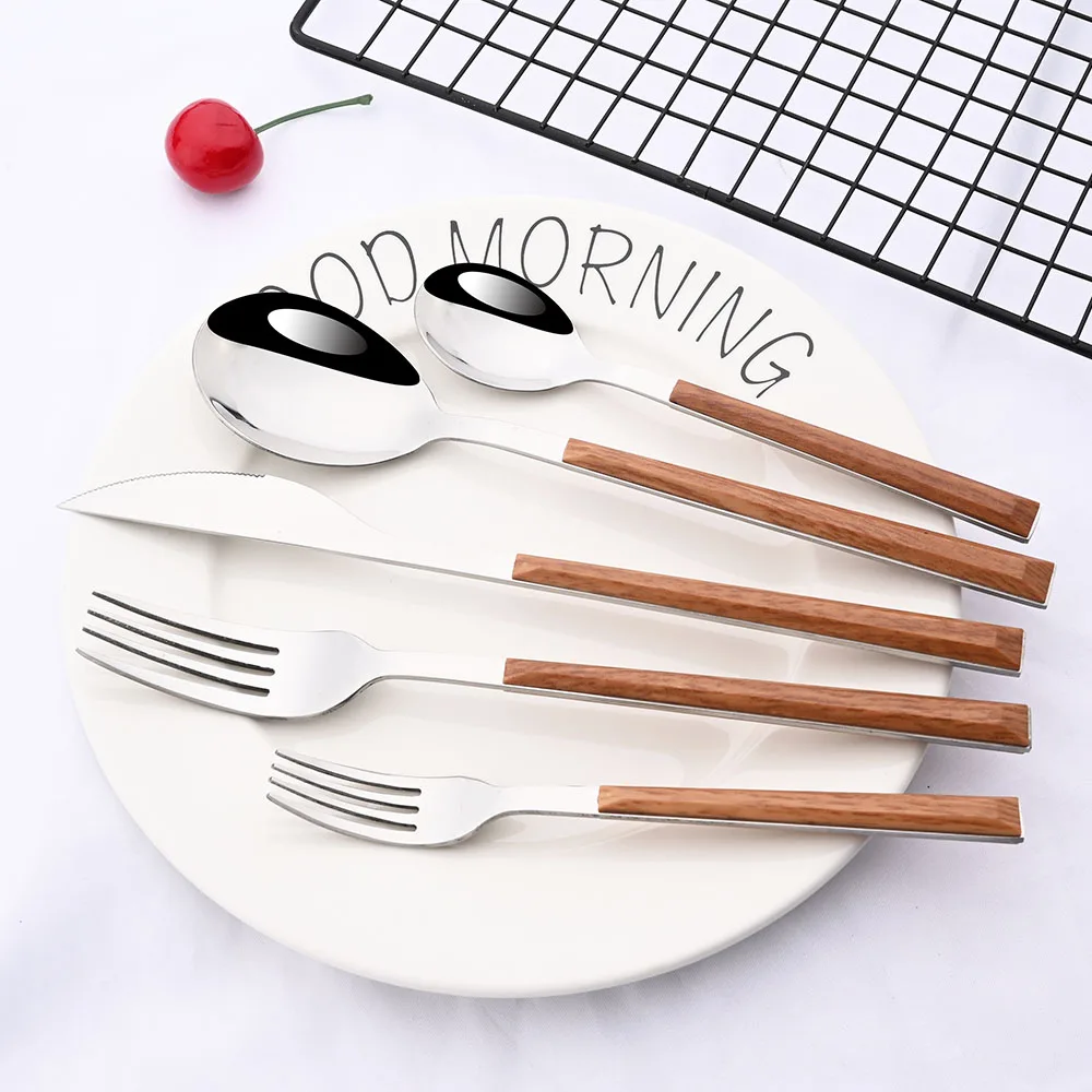 6/30Pcs Stainless Steel Dinner Flatware Imitation Wooden Handle Dinnerware Knife Coffee Spoon Tea Fork Cutlery Set Tableware