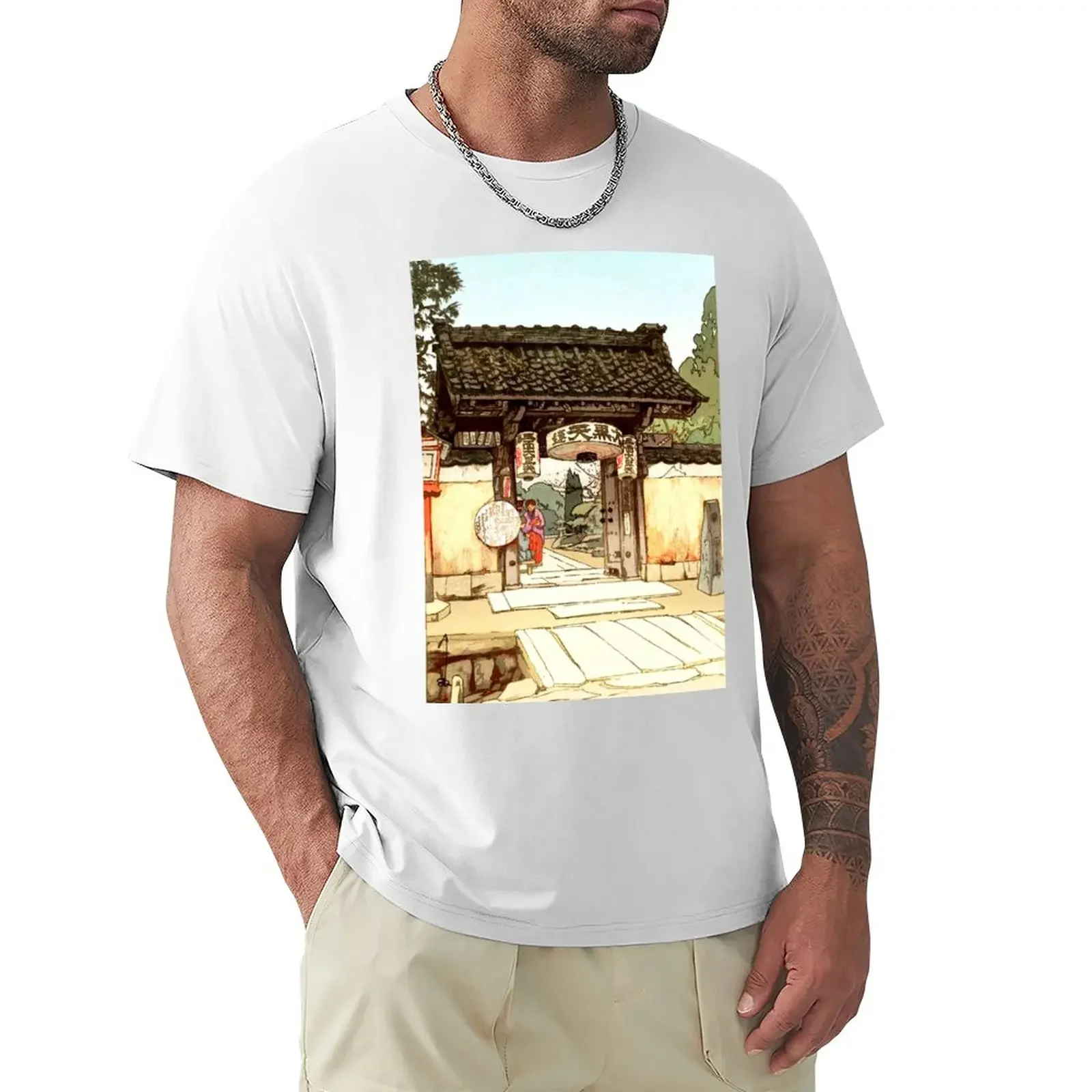 Little Temple Gate Hiroshi Yoshida shin hanga T-Shirt customizeds summer tops men clothings