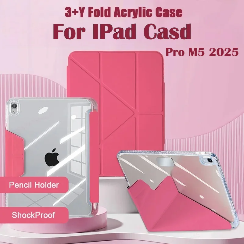 

PU Leather Y-Folding Stand Smart Case for IPad M5 M4 Pro M3 M2 Air 11 13 Inch A16 11th 10th 12.9" HD Acrylic Pencil Holder Cover