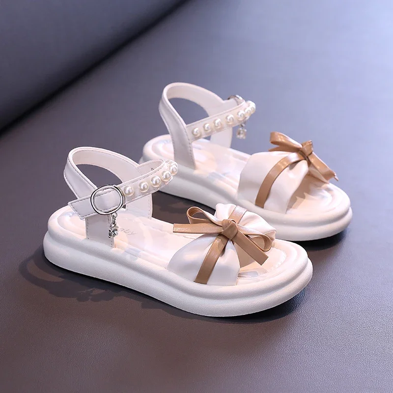 Kids Sandals Pearl Bow Buckle Open Toe, Girls Sandals Summer PU Fashion Sandals, Size 23-36