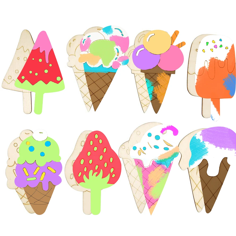 10 Stück Holz-Eiscreme-Geschenke, mehrfach blanko, DIY-Malerei, Verzierung für Sommer-Geburtstagsparty-Dekorationen, Kinder-Bastelbedarf
