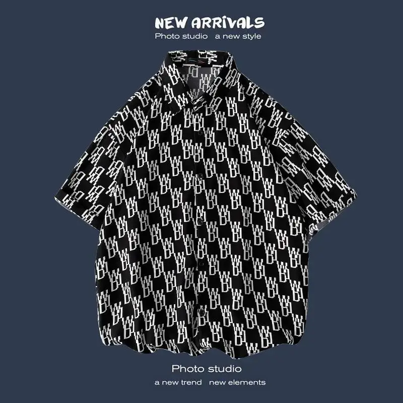 

Retro Men Abstract Letter Print Short Sleeve Shirt, Button Down Casual Wear, Art Trend Summer Street Leisure Tops Men