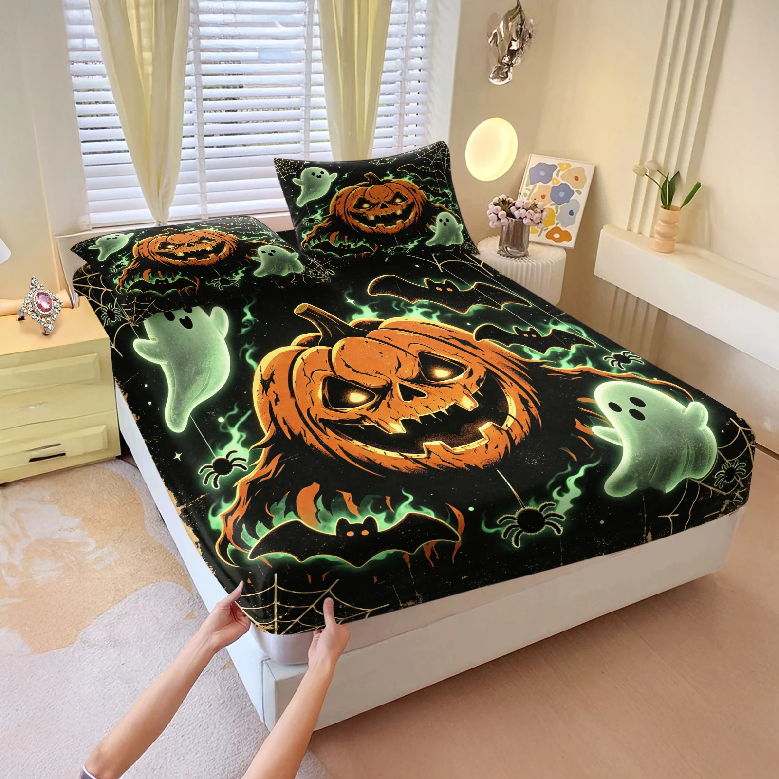 Halloween Scary Pumpkin Ghost Fitted Sheet Set Green Flame Spider Bat Cobweb Elastic Mattress Cover Deep Pocket Bed Sheets