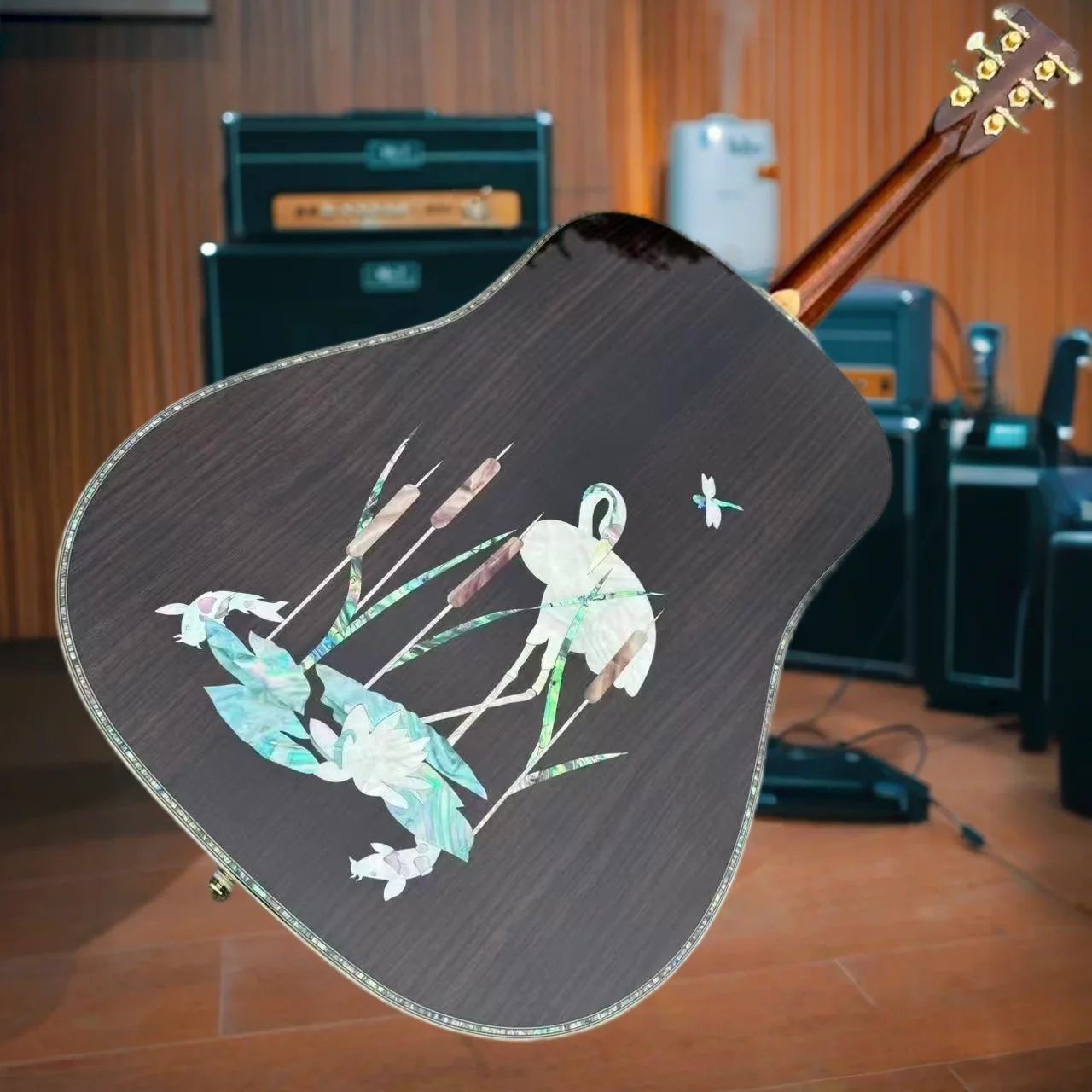 All-Solid Acoustic Guitar Natural Finish Spruce Top Ebony Fingerboard Featuring Exquisite Lotus Crane Abalone Inlays Premium